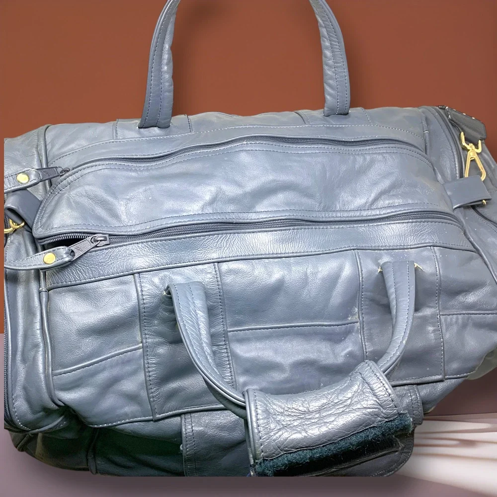 Vintage Leather Duffle Bag Blue Gray Made in Mexico Weekender Carry On Travel